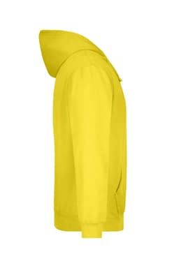 A yellow hooded sweatshirt featuring a front pocket and a logo on the chest.