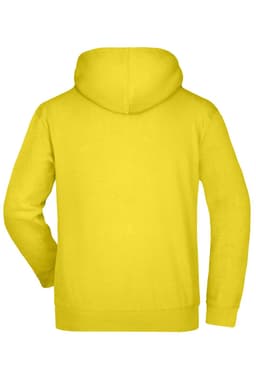 A yellow hooded sweatshirt featuring a simple design and a hoodie at the back. It has a logo present.