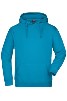 A turquoise hooded sweatshirt featuring a front pocket and adjustable drawstrings, with a logo present.
