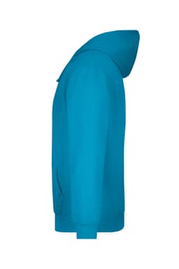 A turquoise hooded sweatshirt featuring a front pocket and a logo on the side.