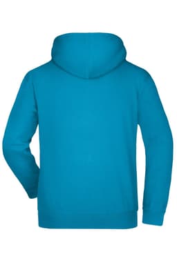A hooded sweatshirt in a vibrant blue colour, featuring a logo. The back view highlights the hood and cuffs.