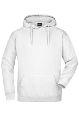 A white hooded sweatshirt featuring a front pocket and drawstrings, with a logo on the interior label.