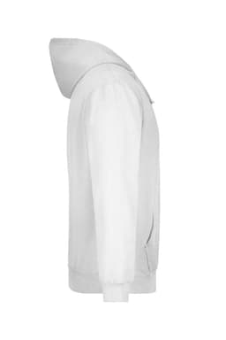 A white hooded sweatshirt displayed from the side, featuring a hood and pockets. It has a logo on it.