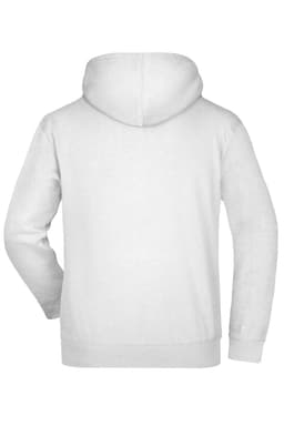 A white hooded sweatshirt featuring a simple design and a logo on the back.