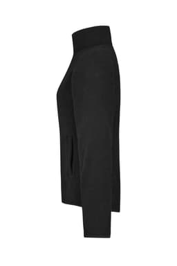 A black microfleece jacket featuring a high collar and side pockets, with a simple design and no visible branding.