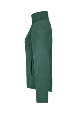 A green microfleece jacket featuring a high collar and side pockets, with a logo visible.