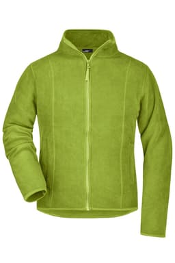 A green microfleece jacket with a zip-up front and long sleeves, featuring a logo on the chest.