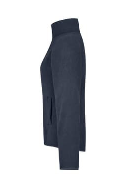 A navy microfleece jacket with a high collar and side pockets, featuring a logo on the fabric.