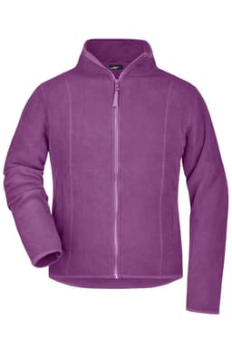 A purple microfleece jacket with a full zipper and high collar, featuring stitching details and a logo.