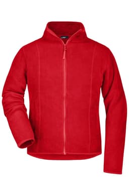 A red microfleece jacket with a zip front and a high collar, featuring one long sleeve and a logo.
