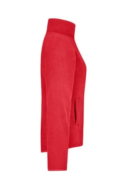 A red microfleece jacket with a high collar and side pockets, featuring a logo on the design.