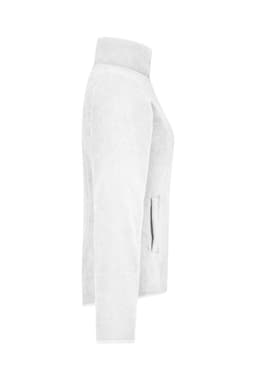 A light grey microfleece jacket with a high collar and side pockets. It features a branding logo on the fabric.