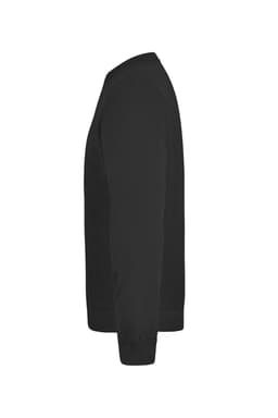 A black sweatshirt features a crew neckline and long sleeves. It has a plain design with a logo on the front.