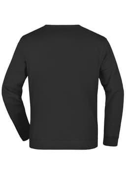 A black sweater with long sleeves and a crew neckline, featuring a simple design and a logo.