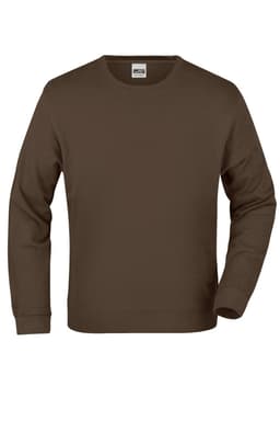 A brown sweater with a crew neck and long sleeves, featuring a logo on the inside label.