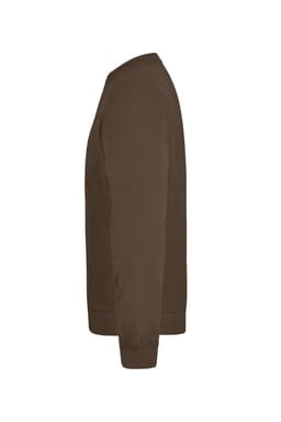 A brown sweatshirt displayed from the side, featuring a simple design and a ribbed hem and cuffs.