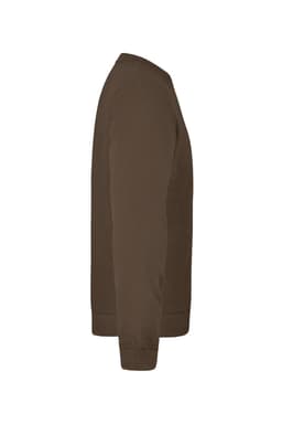A brown sweatshirt featuring a crew neckline and long sleeves, displayed from a side angle. It has a logo.