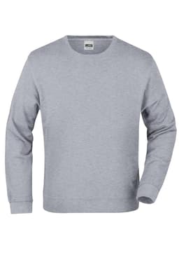 A grey crew-neck sweater with long sleeves and a simple design. It features a branding label.