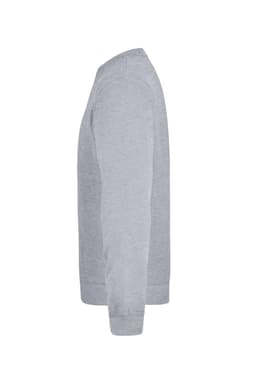 A grey sweater displayed from the side, featuring a simple design and a branding logo.