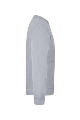 A grey jumper with long sleeves, featuring a simple design and a logo on the side.