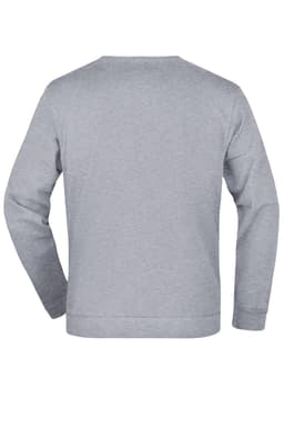 A grey jumper displayed from the back, featuring long sleeves and a simple design with a logo.