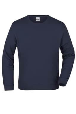 A navy blue crew neck jumper with long sleeves and a logo on the label.