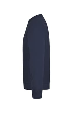 A navy blue sweatshirt displayed in a side view, featuring long sleeves and a round neckline. It has a logo on it.