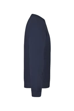 A navy blue sweatshirt with a round neckline and long sleeves, featuring a logo.
