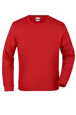 A red jumper with a crew neck and long sleeves. It features a branding logo.