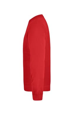 A red jumper, styled as a sweater, featuring a long sleeve and a side view. It has a logo on the front.