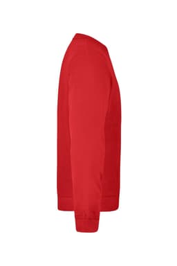 A red jumper with long sleeves and a ribbed cuff, featuring a logo on the side.