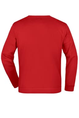 A red sweater with long sleeves and a crew neck, featuring a logo on the back.