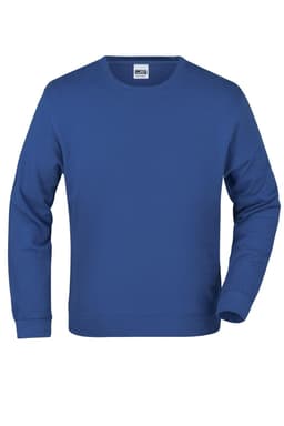A blue jumper with long sleeves and a crew neck, featuring a logo on the label.