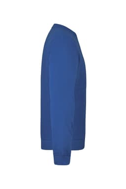A blue sweatshirt displayed from the side, featuring long sleeves and a fitted neckline. It has a logo on the garment.