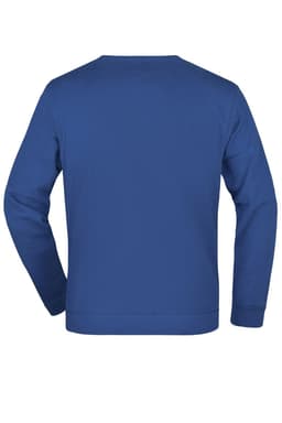 A blue jumper with long sleeves and a rounded neckline, featuring a plain design and a logo.
