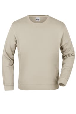 A beige sweatshirt with long sleeves and a round neckline, featuring a logo on the label.