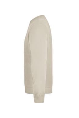 A side view of a beige jumper featuring long sleeves and a ribbed hem, with a logo on the fabric.