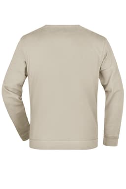 A beige sweater with a simple design, featuring a crew neckline and long sleeves. It has a branding logo on the back.