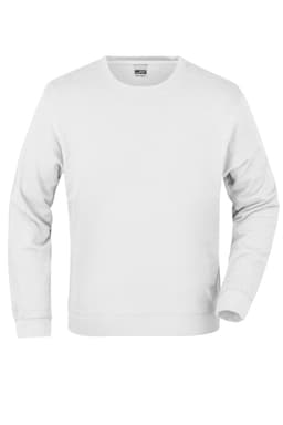 A plain white sweater featuring long sleeves and a crew neckline. It has a logo on the front.
