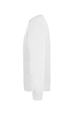 A white sweatshirt with long sleeves and a round neck. It has a logo on the side.
