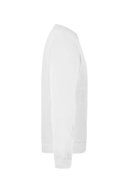 A white jumper with long sleeves and a relaxed fit, featuring a logo on the side.
