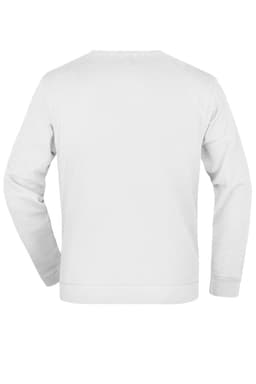 A plain white jumper with long sleeves and a round neck, featuring a logo on the back.