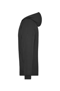 A black hooded jacket in a side view, featuring a pouch pocket and a logo on the fabric.