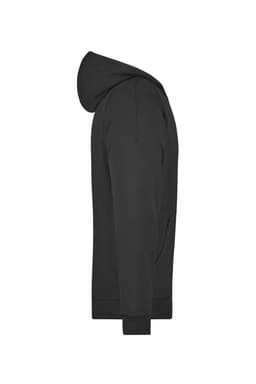 A black hooded jacket with a relaxed fit and a side view, featuring a logo.