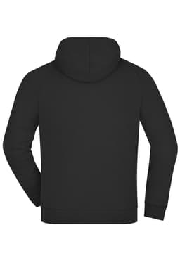 A hooded jacket in black, featuring a simple design and a logo on the back.