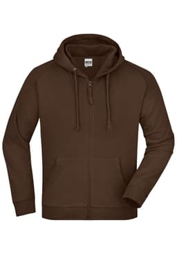 A brown hooded jacket with a zip-up front, kangaroo pockets, and a logo on the label.
