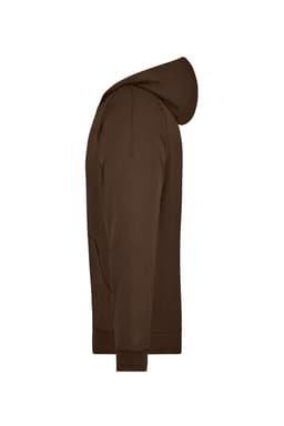 A brown hooded jacket with a side view, featuring a kangaroo pocket and a hood. The product has a logo.