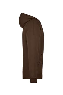 A brown hooded jacket with a kangaroo pocket and ribbed cuffs, featuring a logo on the front.