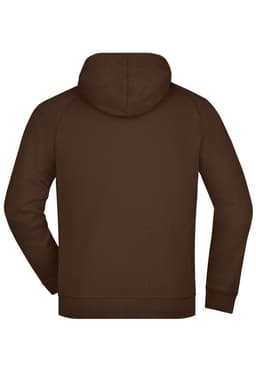 A brown hooded jacket featuring a simple design and a back view. The jacket has a hood and long sleeves.