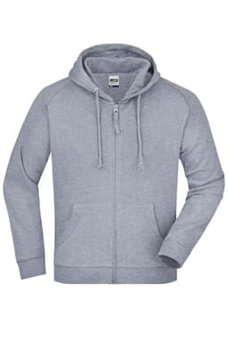 A grey hooded jacket featuring a zip front, long sleeves, and a logo on the chest.
